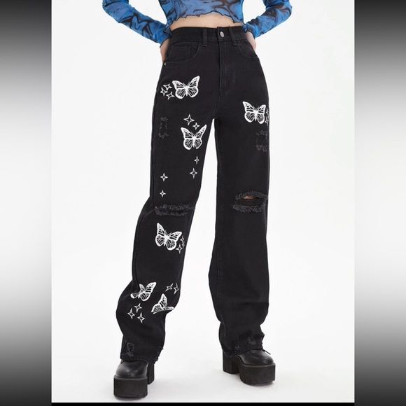 Bleach Wash Ripped Detail Butterfly Jeans - Picture 1 of 3